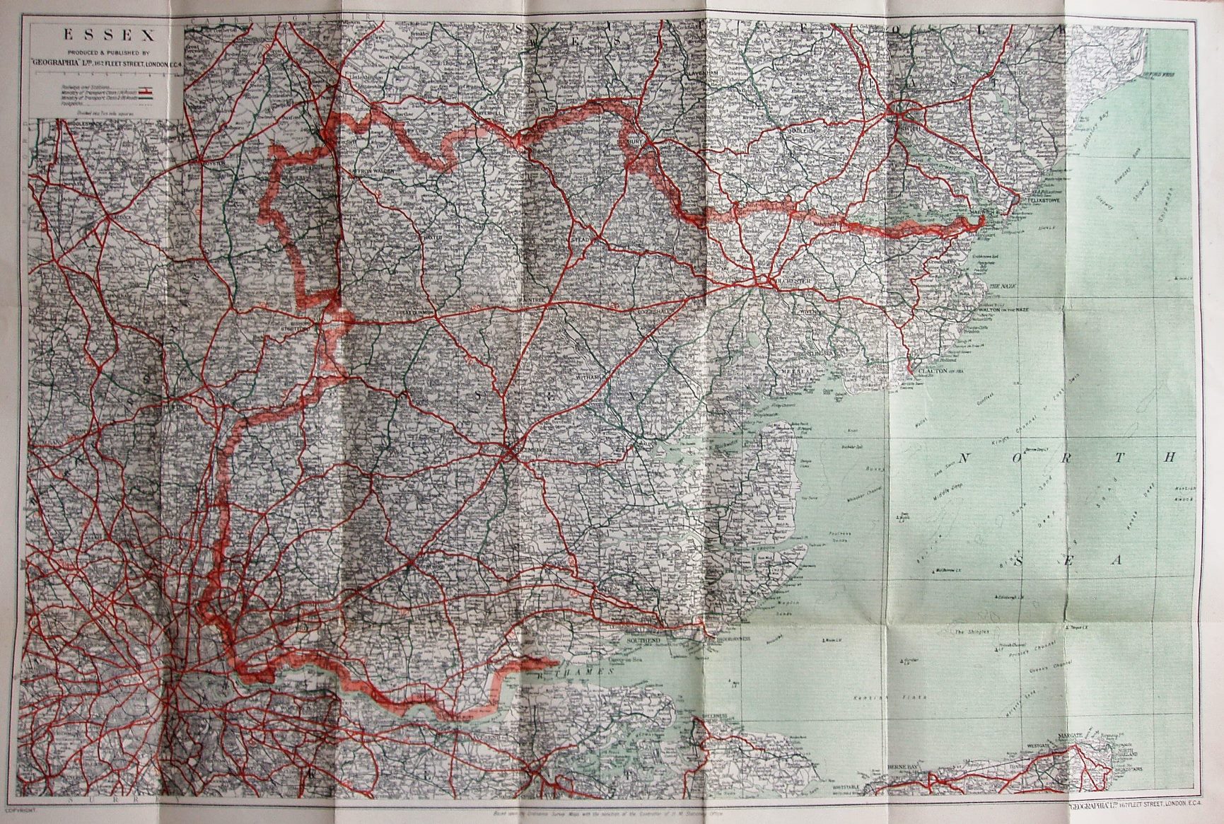 Geographia Large Scale Road Map of Essex, c1944